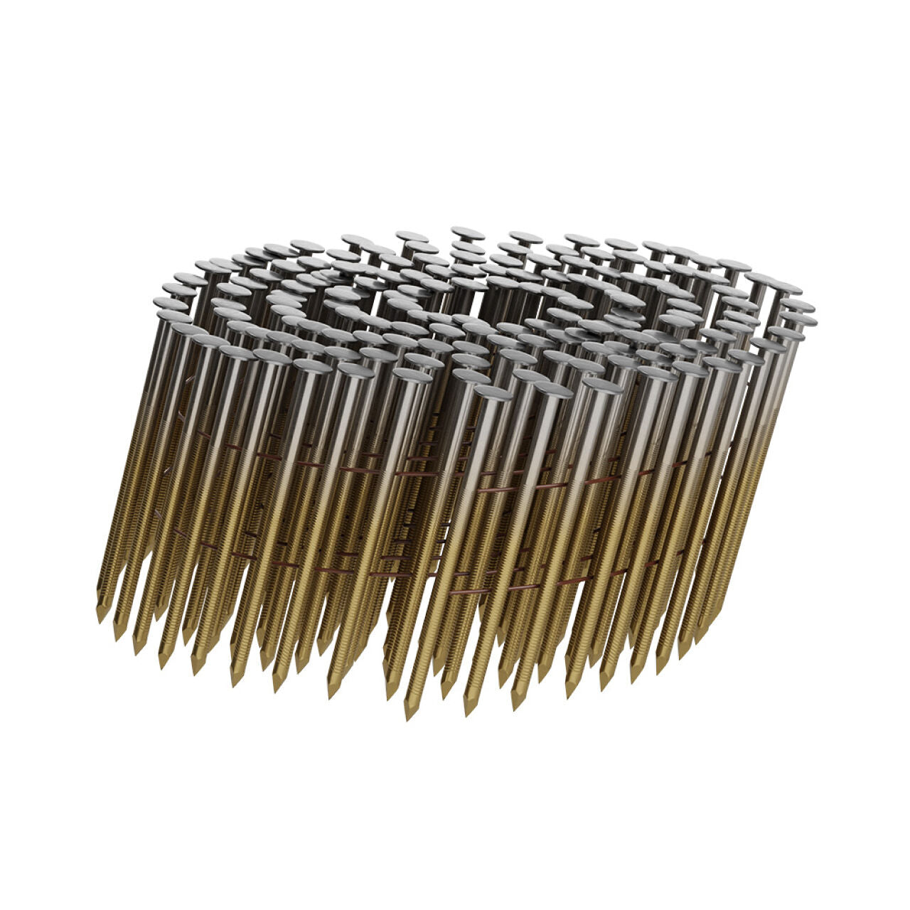 A coil of Go Build 0.080 in. x 1-3/4 in. Galvanized Ring Shank Coil Nails 15° (4200/Pack), wire collated for framing or sheathing nail guns, with silver heads and gold shanks, on a white background.